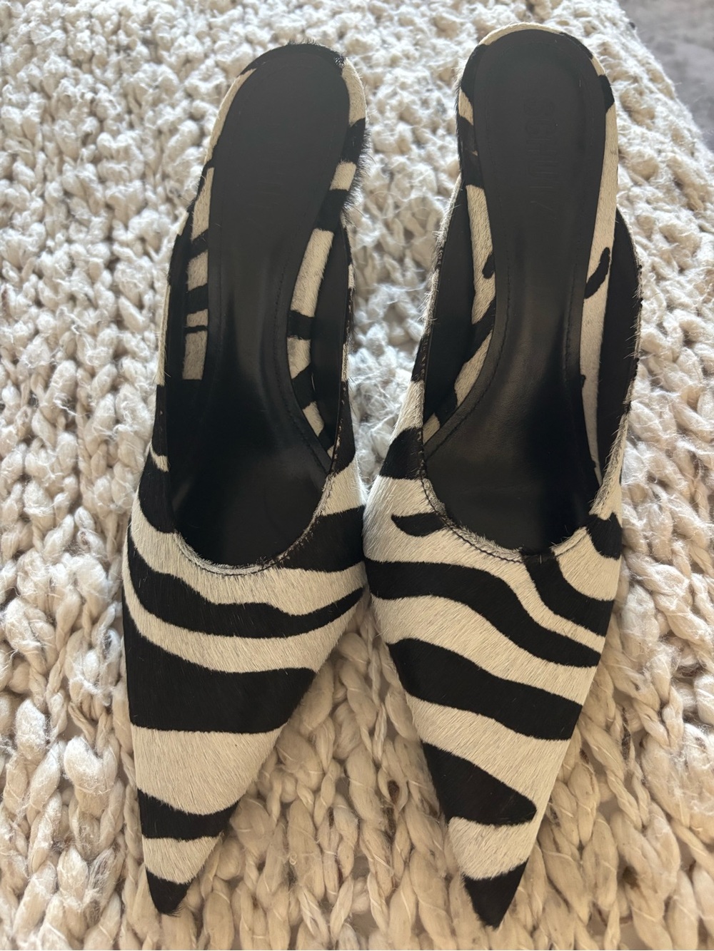 SCHUTZ Black and White Zebra-Print Heeled Pointed Toe Mule - Picture 6 of 8